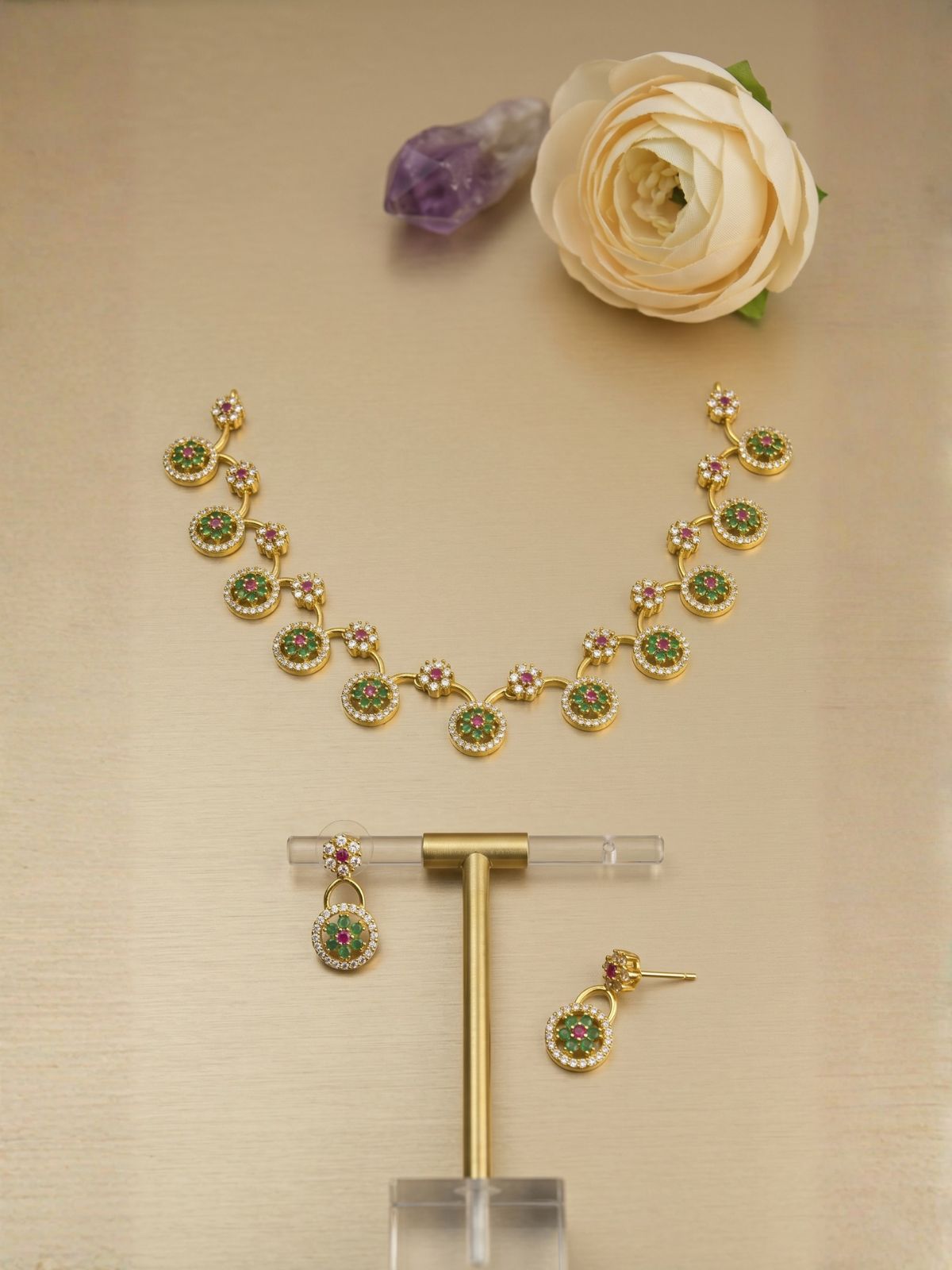 Floral CZ Necklace Set with Multicolor Stone Centers & Drop Earrings – Gold Finish Jewellery