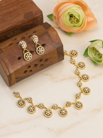 Circular CZ Necklace Set with Drop Earrings – Gold Finish Floral Motif Jewellery