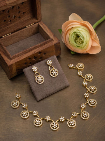 Circular CZ Necklace Set with Drop Earrings – Gold Finish Floral Motif Jewellery