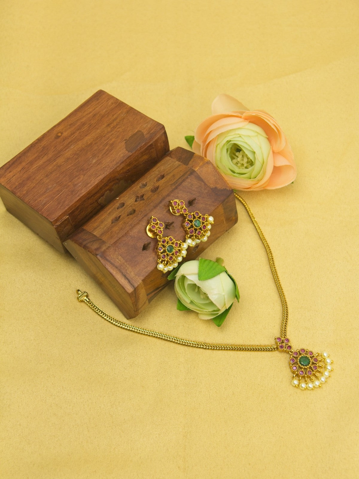 Kempu Green Pendant Necklace Set with Pearl Drops & Jhumka Earrings – Traditional Gold Finish Jewellery