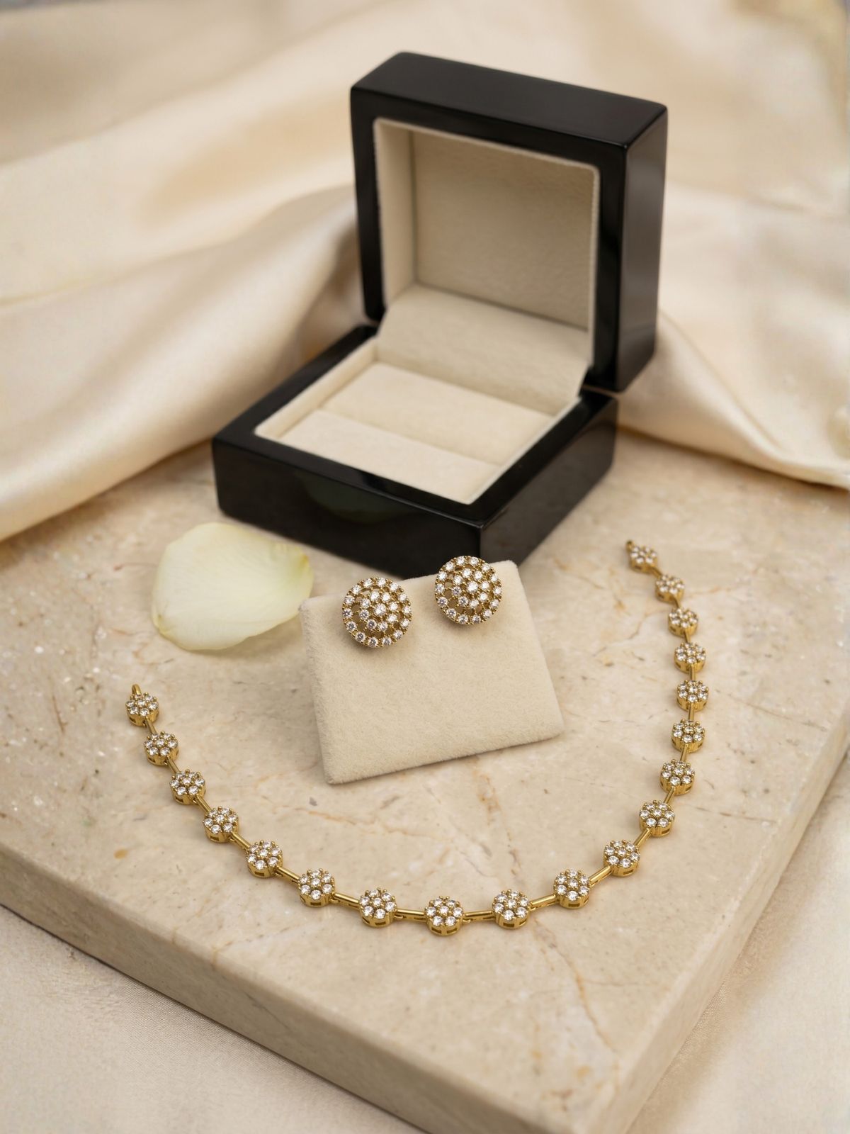 Floral Blossom CZ Necklace Set with Studs – Elegant Gold Finish Jewellery