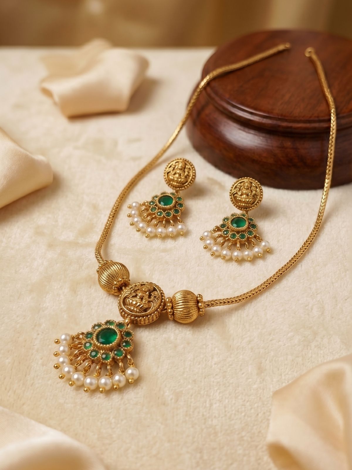 Lakshmi Coin Emerald Pearl Drop Necklace Set with Earrings