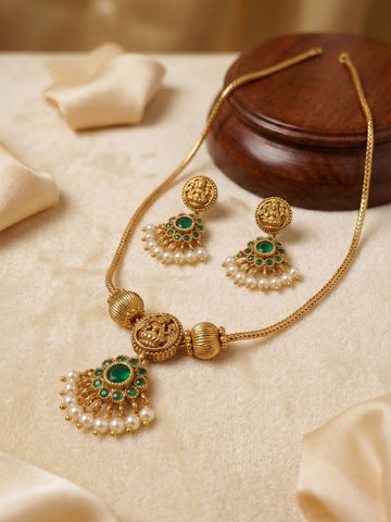 Lakshmi Coin Emerald Pearl Drop Necklace Set with Earrings