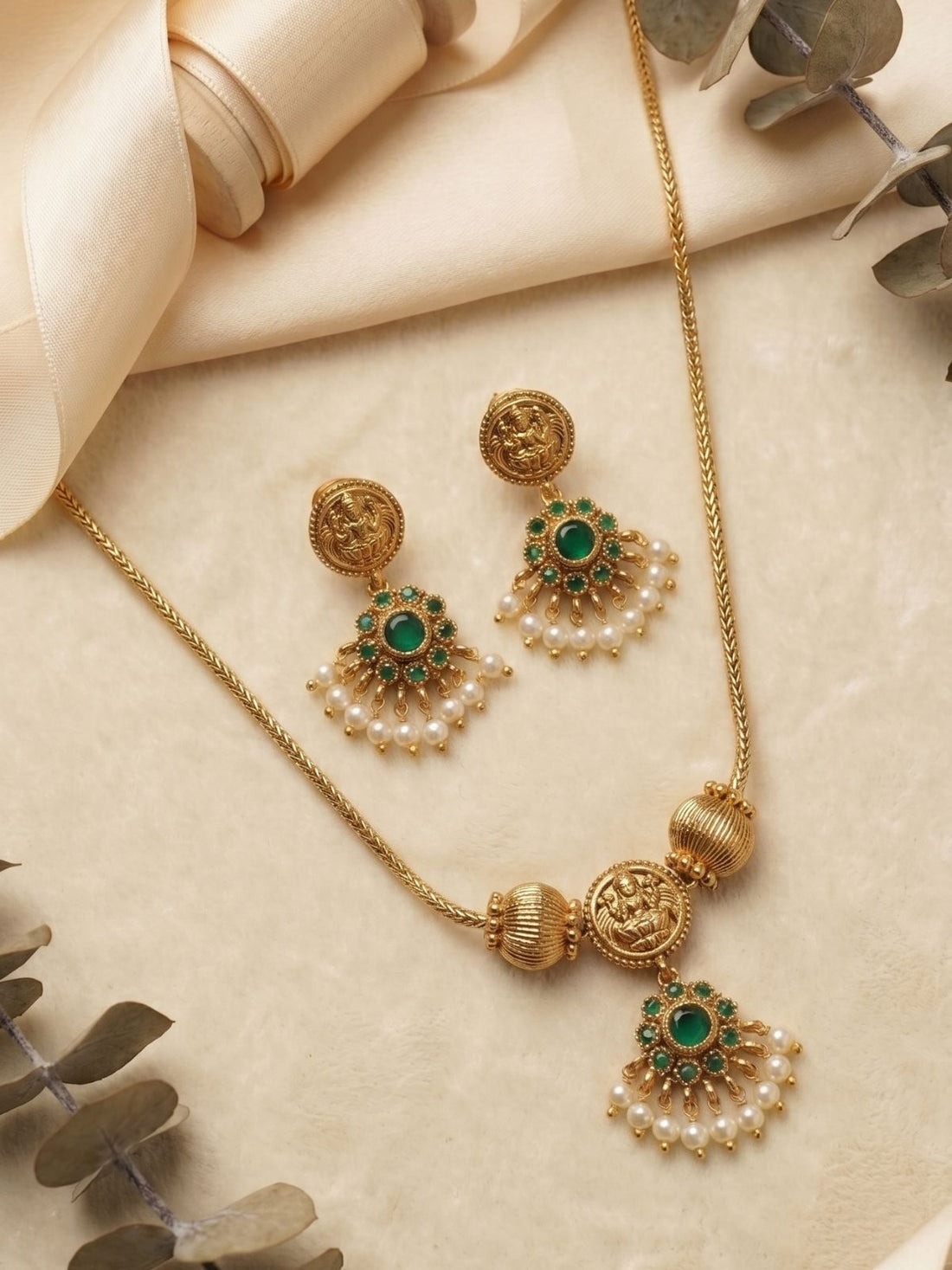Lakshmi Coin Emerald Pearl Drop Necklace Set with Earrings