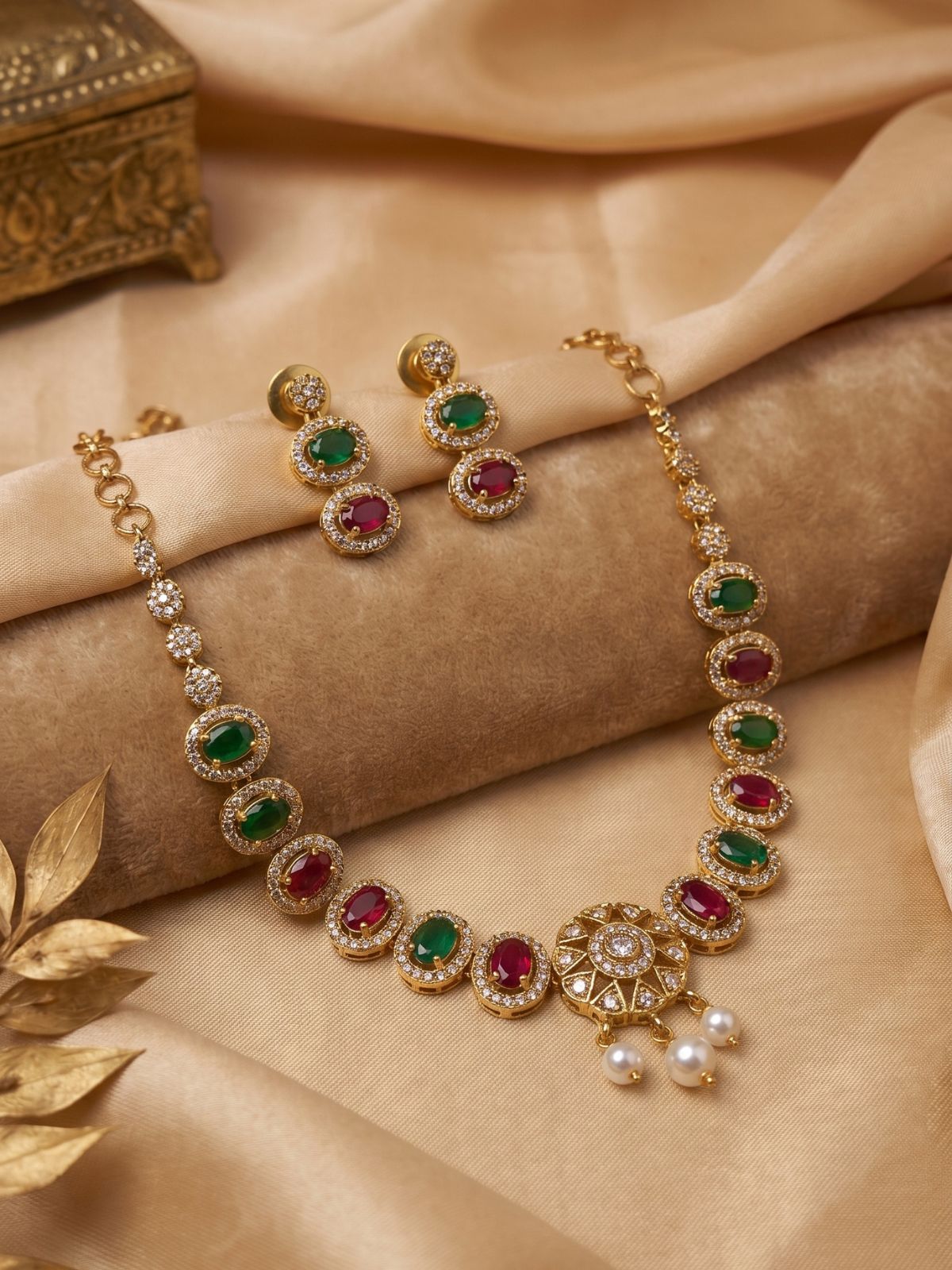 Emerald Ruby Elegance Gold Plated Choker Set with Pearl Drops