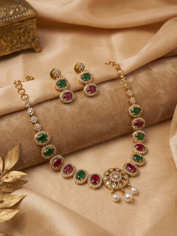 Emerald Ruby Elegance Gold Plated Choker Set with Pearl Drops