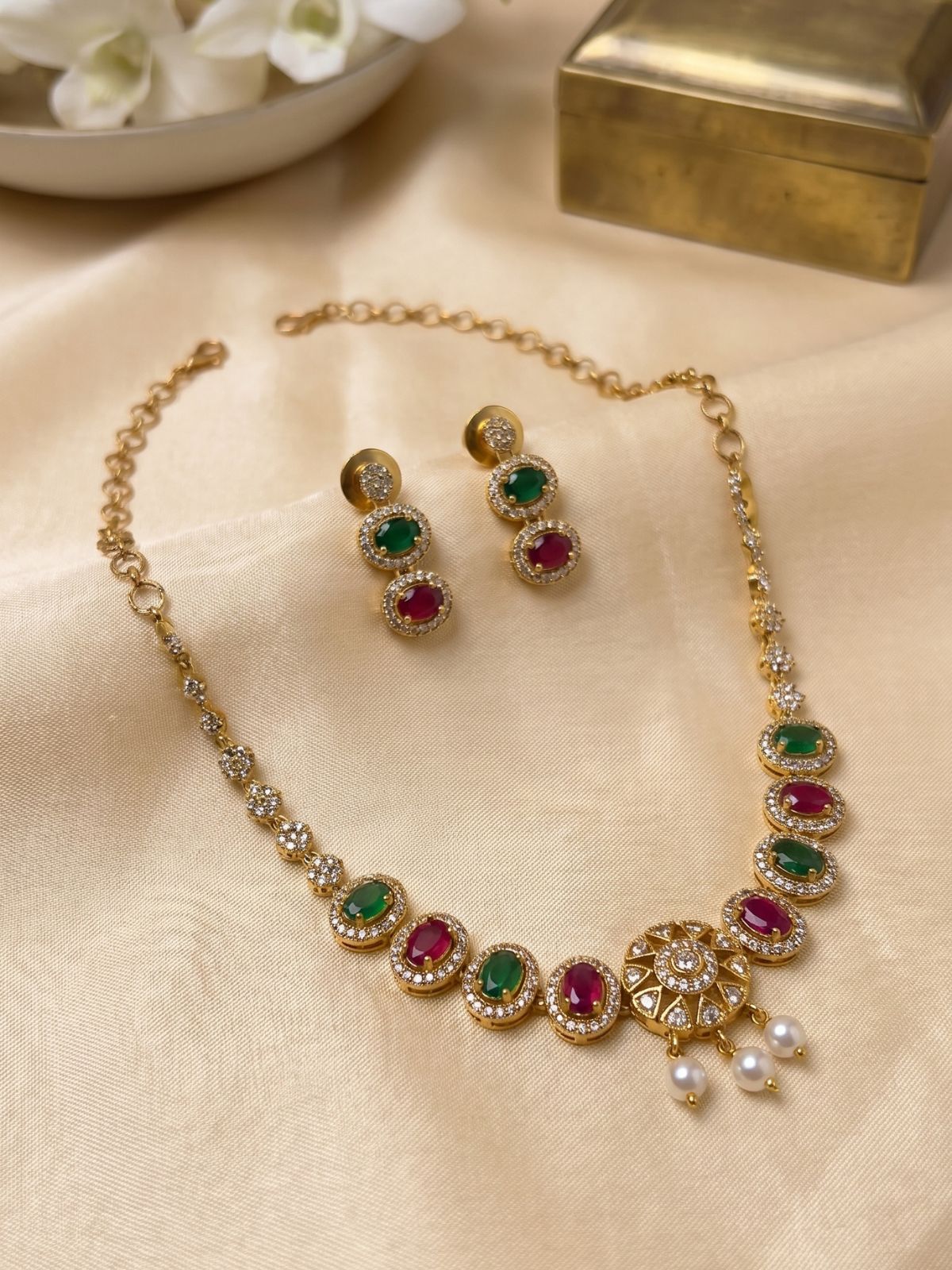 Emerald Ruby Elegance Gold Plated Choker Set with Pearl Drops