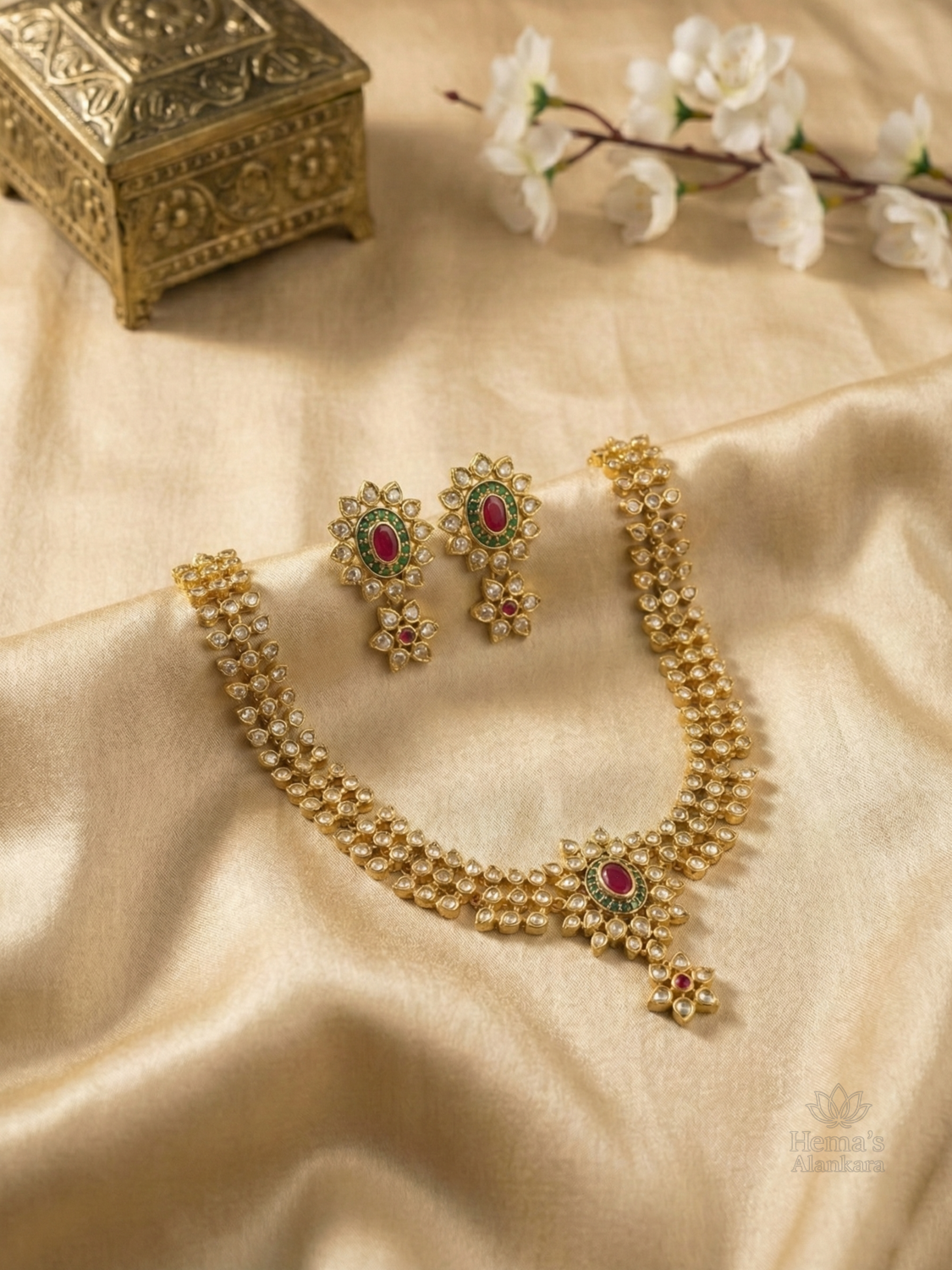 CZ Floral Short Necklace with Earrings