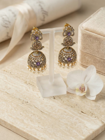 Neelotpala Purple Stone Jhumka Earrings with Pearl Drops-Bridal Temple Jewellery