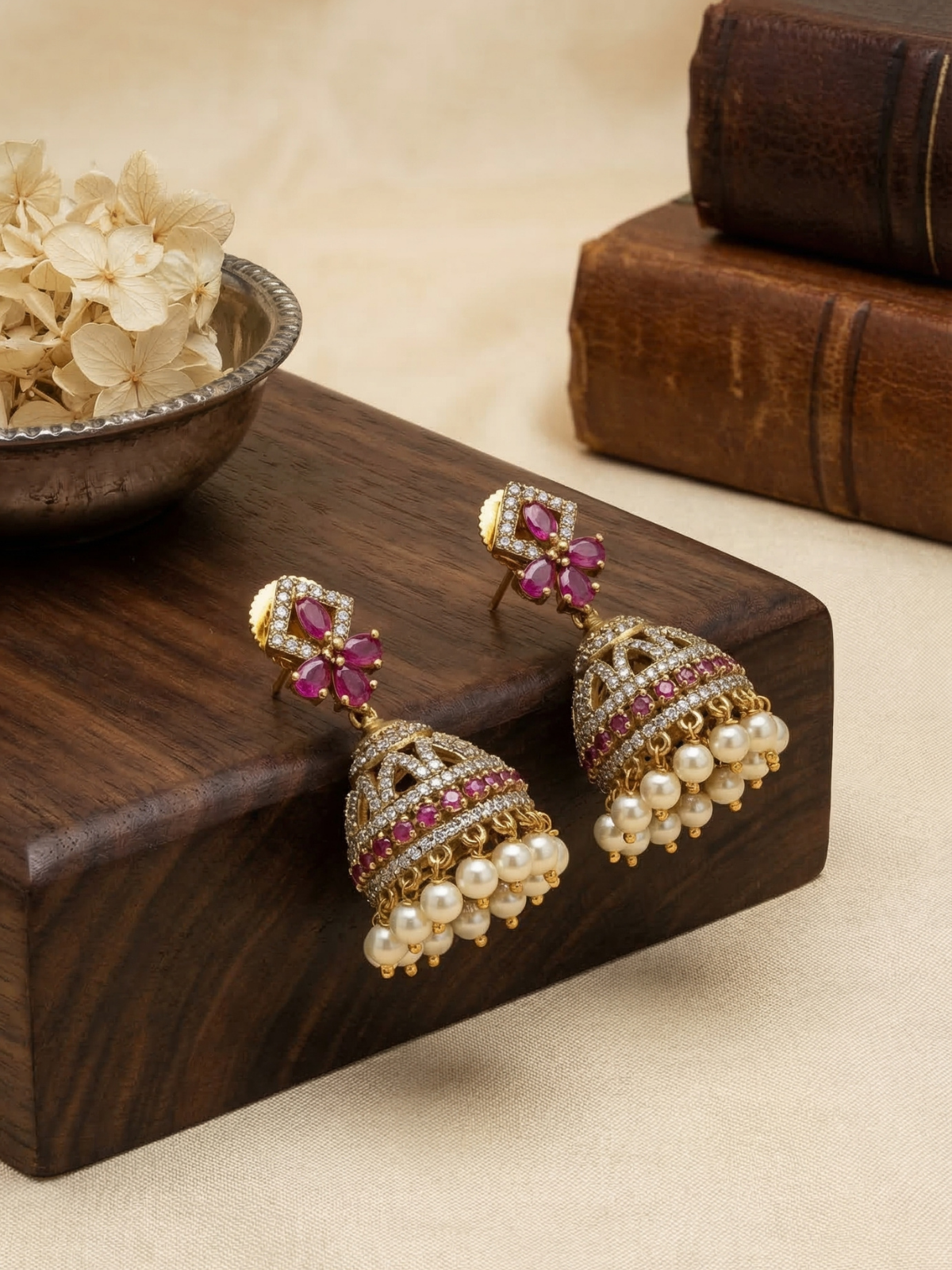 Manikya Pushpa Ruby Jhumka Earrings with Pearl Drops-Traditional Gold Plated Temple Jewelry