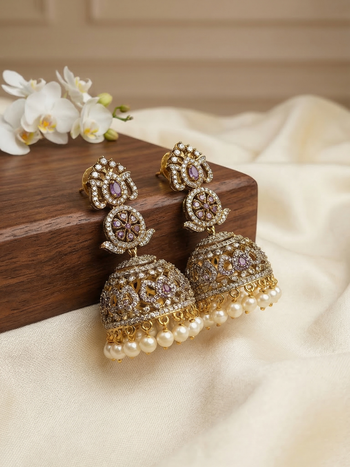 Neelotpala Purple Stone Jhumka Earrings with Pearl Drops-Bridal Temple Jewellery
