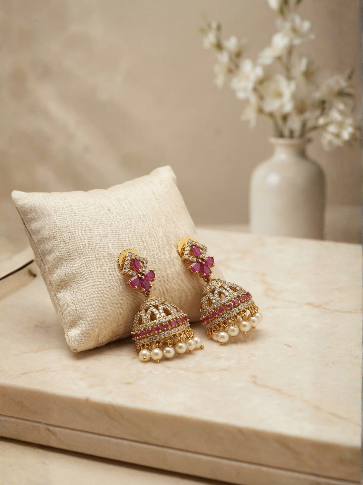 Manikya Pushpa Ruby Jhumka Earrings with Pearl Drops-Traditional Gold Plated Temple Jewelry