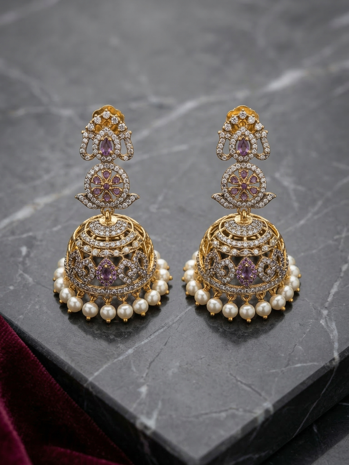 Neelotpala Purple Stone Jhumka Earrings with Pearl Drops-Bridal Temple Jewellery