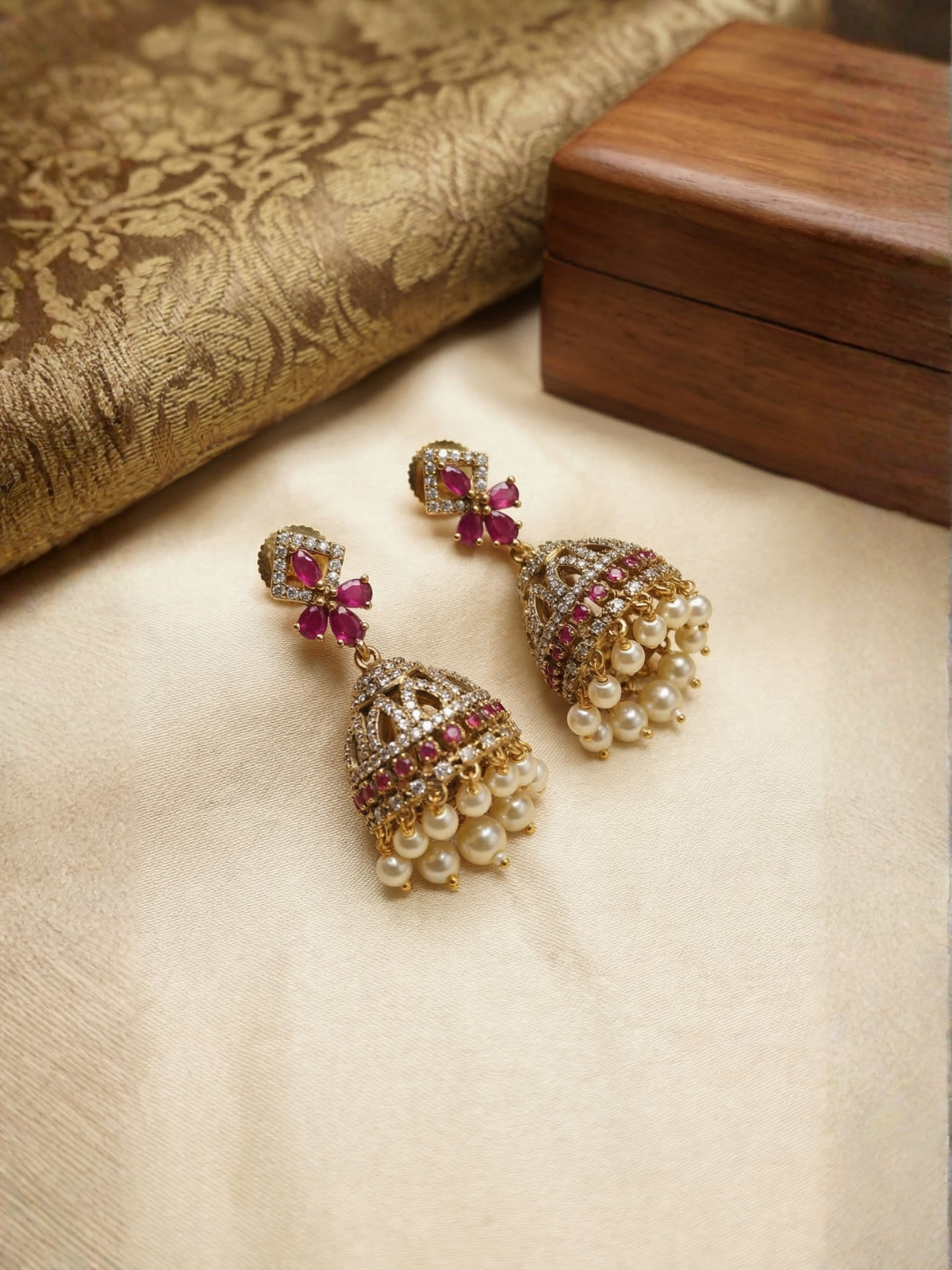 Manikya Pushpa Ruby Jhumka Earrings with Pearl Drops-Traditional Gold Plated Temple Jewelry