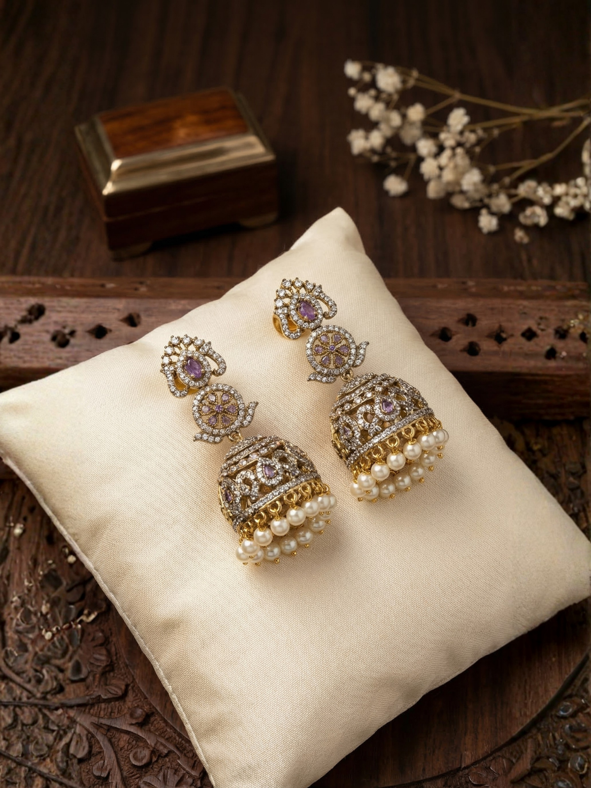 Neelotpala Purple Stone Jhumka Earrings with Pearl Drops-Bridal Temple Jewellery
