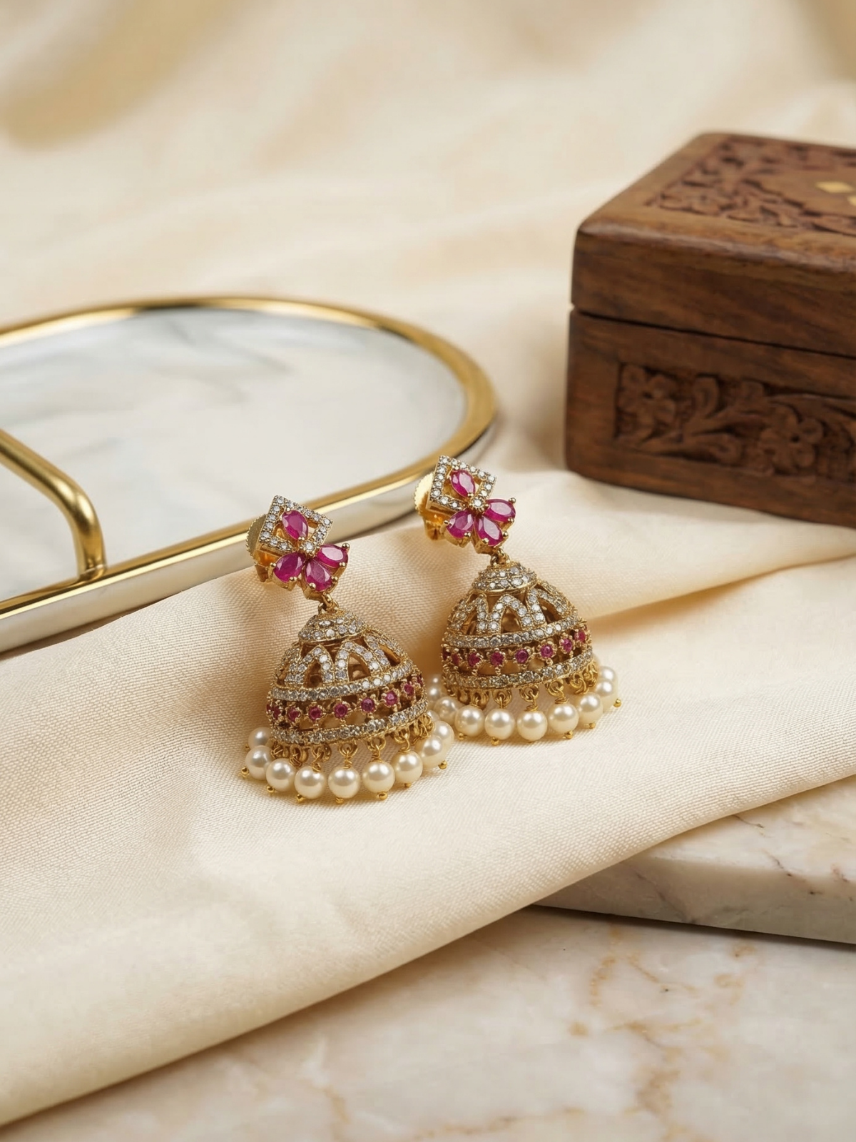 Manikya Pushpa Ruby Jhumka Earrings with Pearl Drops-Traditional Gold Plated Temple Jewelry