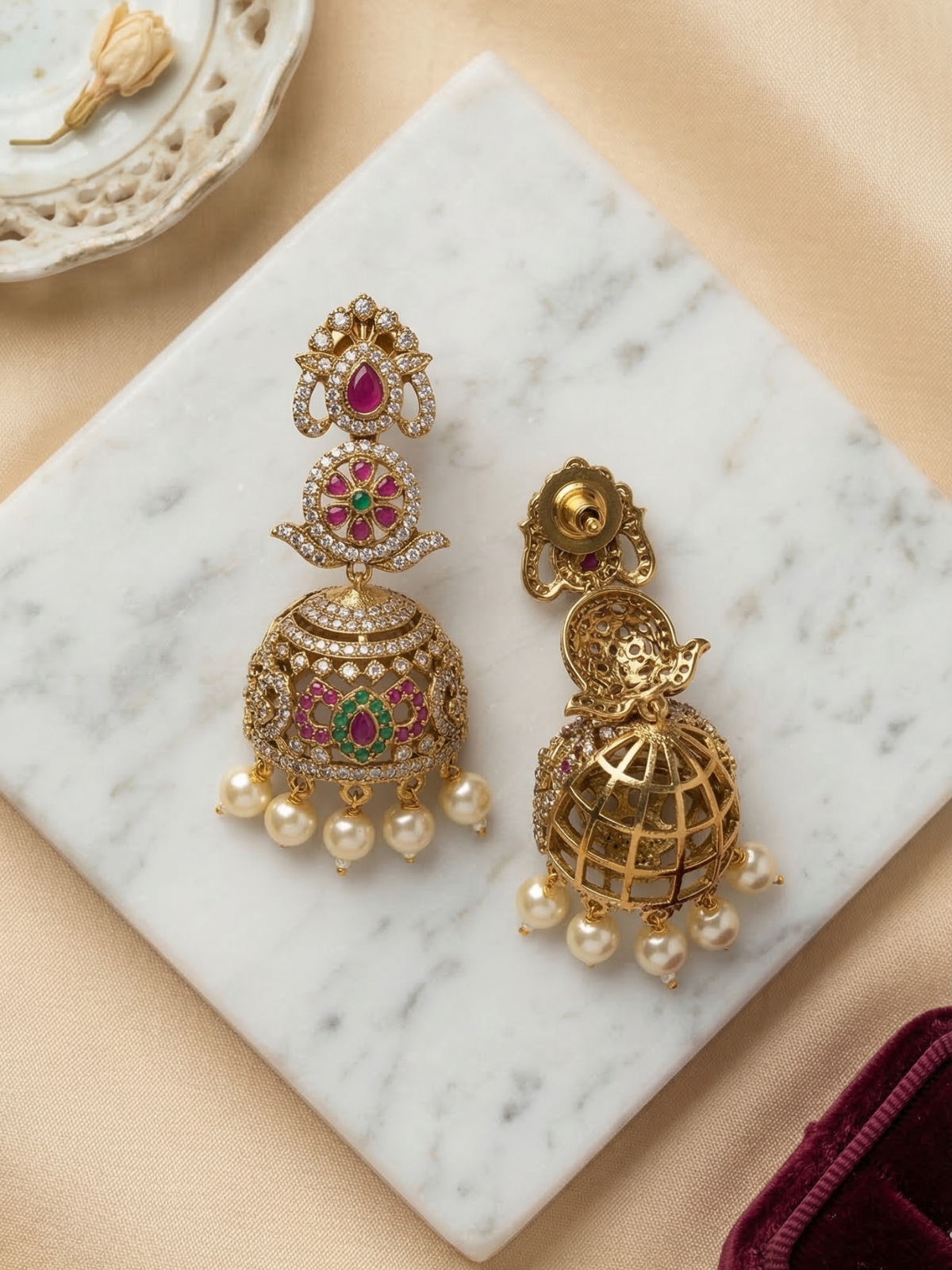 Navaratna Floral Temple AD Jhumka Earrings with Pearl Drops (Gold-Plated Bridal Earrings)