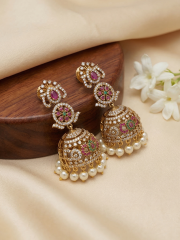 Navaratna Floral Temple AD Jhumka Earrings with Pearl Drops (Gold-Plated Bridal Earrings)