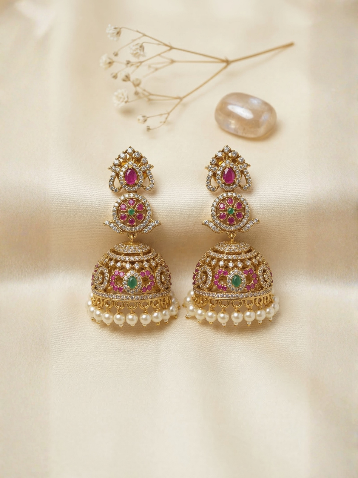 Navaratna Floral Temple AD Jhumka Earrings with Pearl Drops (Gold-Plated Bridal Earrings)