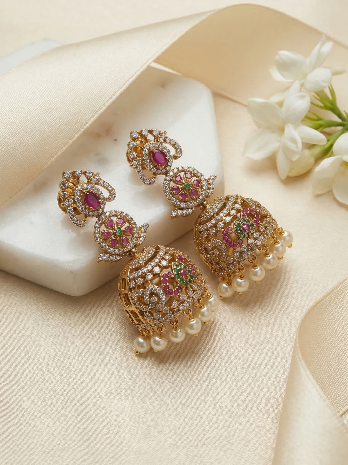 Navaratna Floral Temple AD Jhumka Earrings with Pearl Drops (Gold-Plated Bridal Earrings)