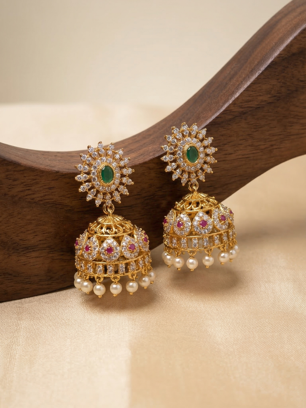 Emerald Bloom Kundan Jhumka Earrings with Pearl Drops – Antique Gold Ethnic Jewellery