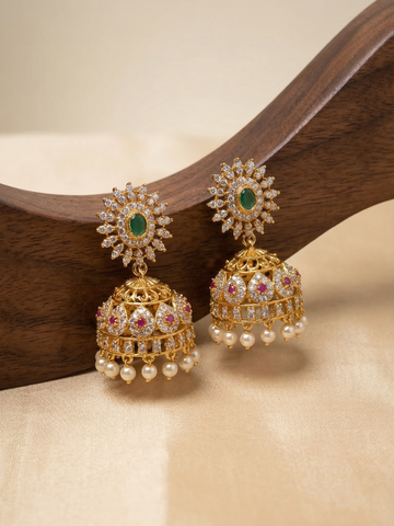 Emerald Bloom Kundan Jhumka Earrings with Pearl Drops – Antique Gold Ethnic Jewellery