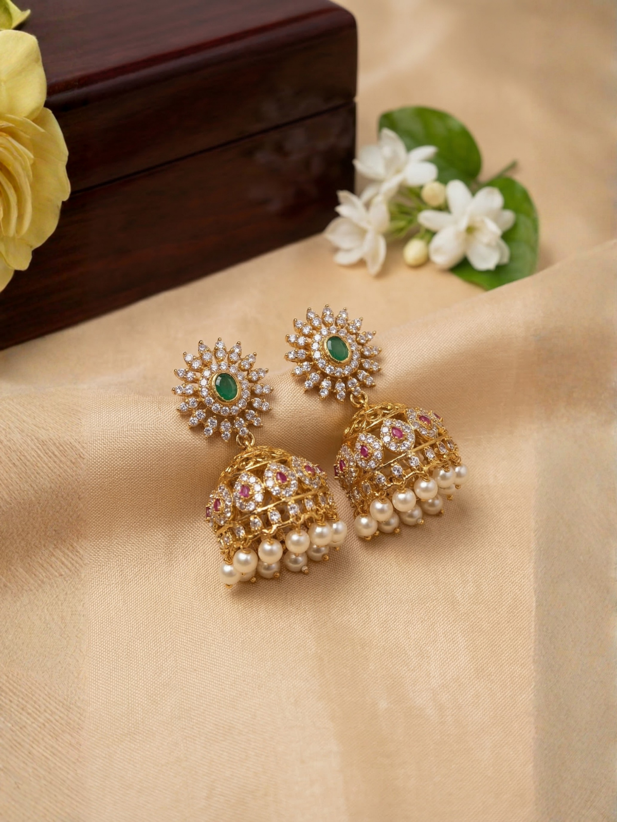 Emerald Bloom Kundan Jhumka Earrings with Pearl Drops – Antique Gold Ethnic Jewellery