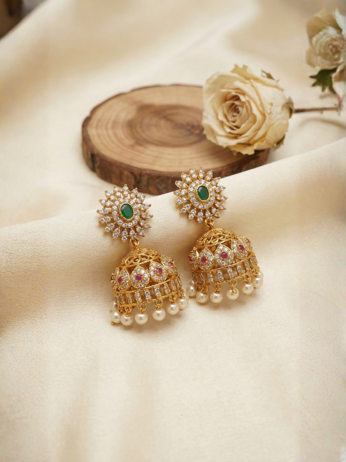 Emerald Bloom Kundan Jhumka Earrings with Pearl Drops – Antique Gold Ethnic Jewellery