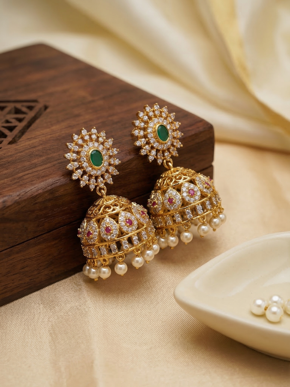 Emerald Bloom Kundan Jhumka Earrings with Pearl Drops – Antique Gold Ethnic Jewellery