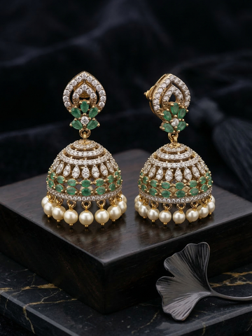 Ratnaprabha Jhumka Earrings with Pearl Drops-Traditional Gold Plated Temple Jewelry