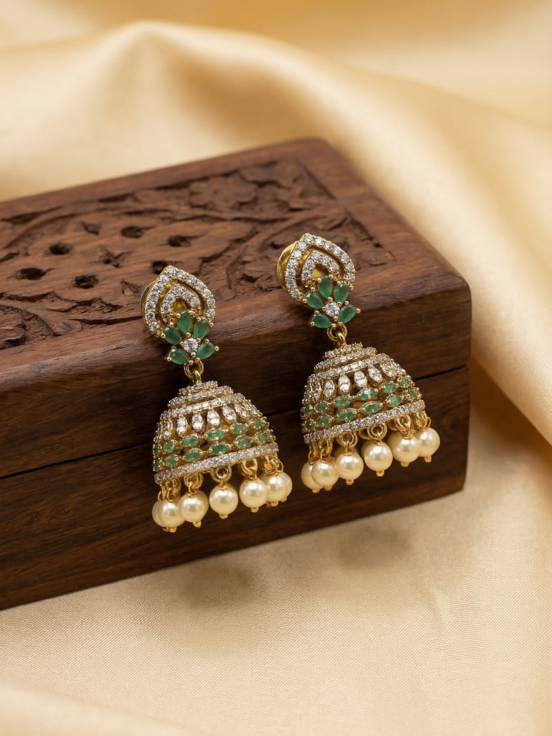 Ratnaprabha Jhumka Earrings with Pearl Drops-Traditional Gold Plated Temple Jewelry