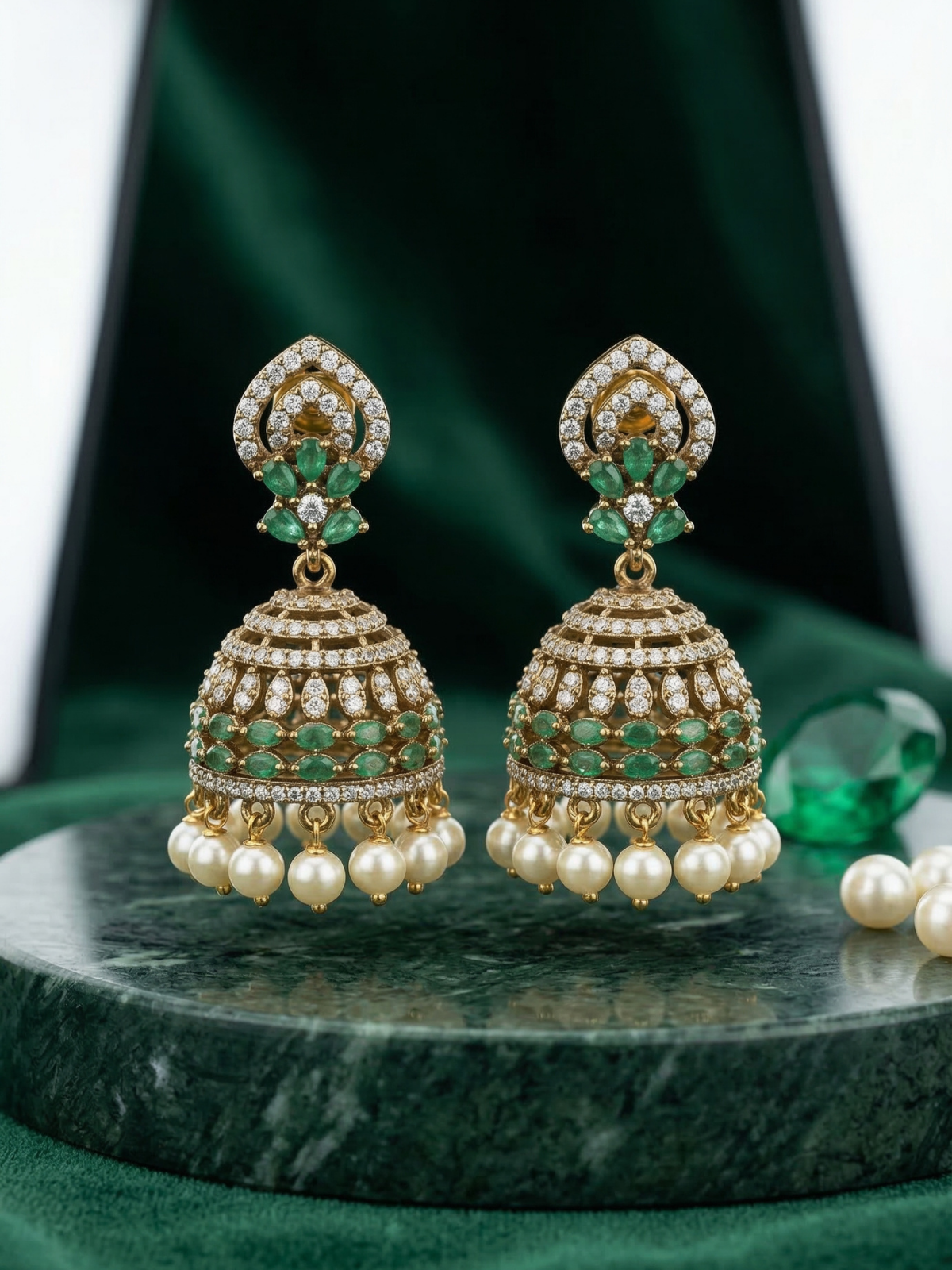 Ratnaprabha Jhumka Earrings with Pearl Drops-Traditional Gold Plated Temple Jewelry