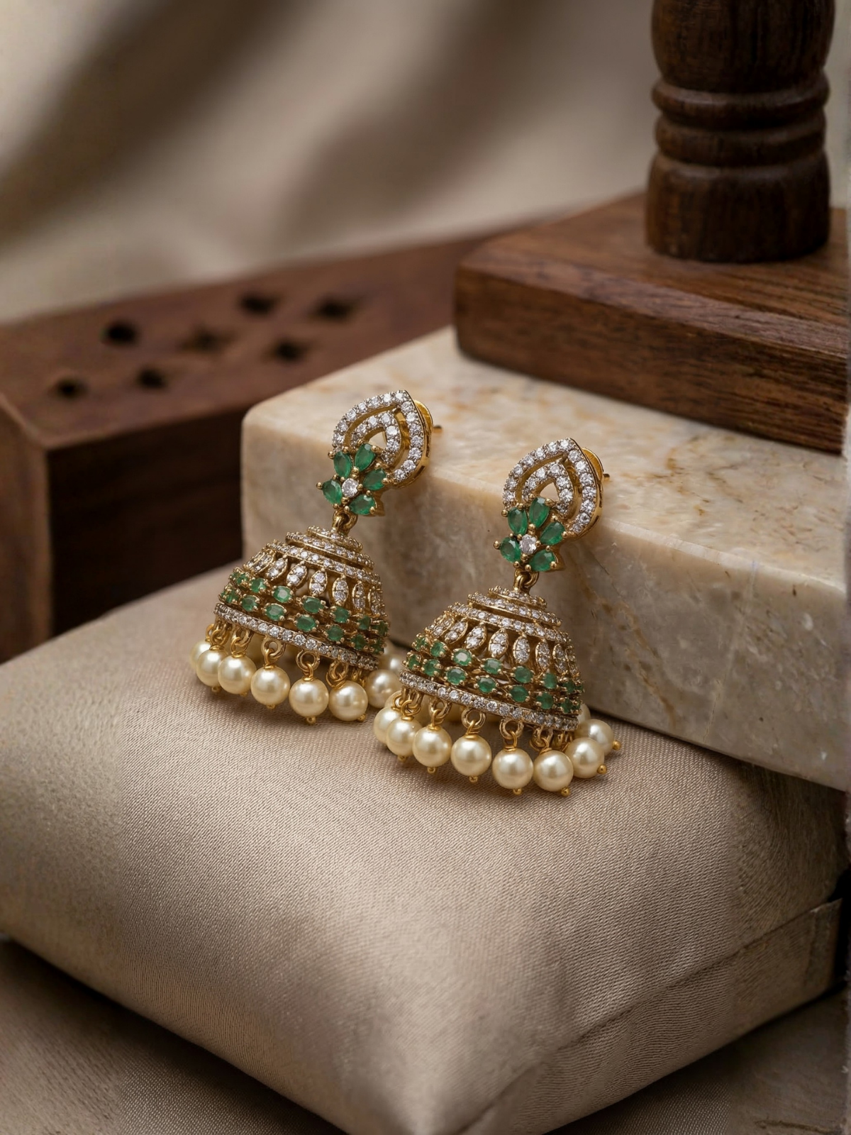 Ratnaprabha Jhumka Earrings with Pearl Drops-Traditional Gold Plated Temple Jewelry