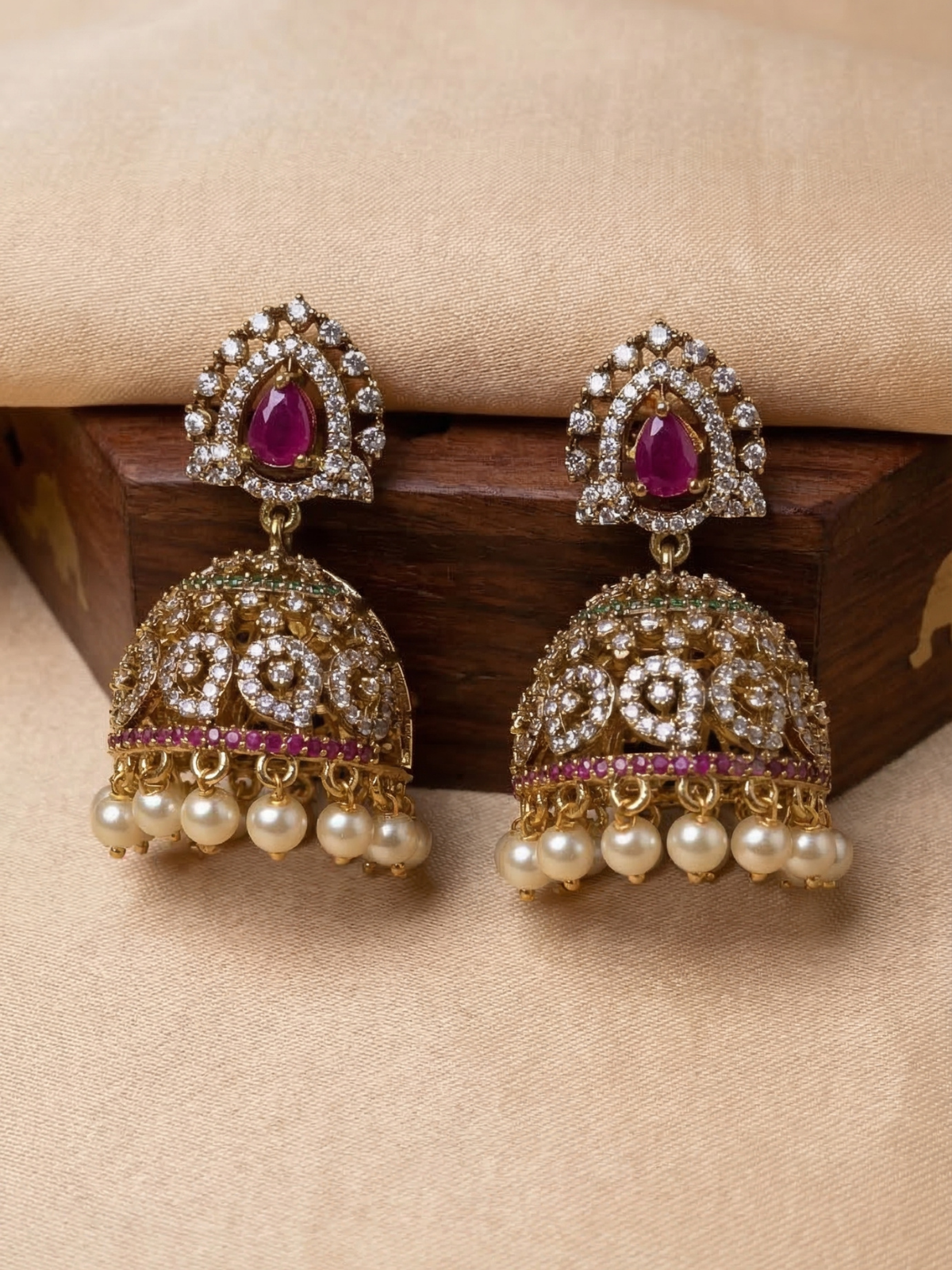 Ruby Teardrop Kundan Jhumka Earrings with Pearl Drops – Antique Gold Bridal Statement Jewellery