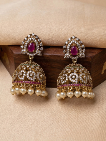 Ruby Teardrop Kundan Jhumka Earrings with Pearl Drops – Antique Gold Bridal Statement Jewellery