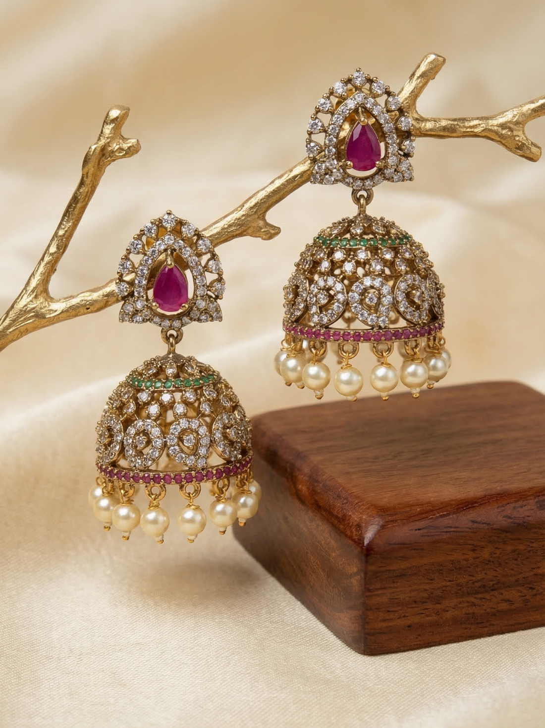 Ruby Teardrop Kundan Jhumka Earrings with Pearl Drops – Antique Gold Bridal Statement Jewellery