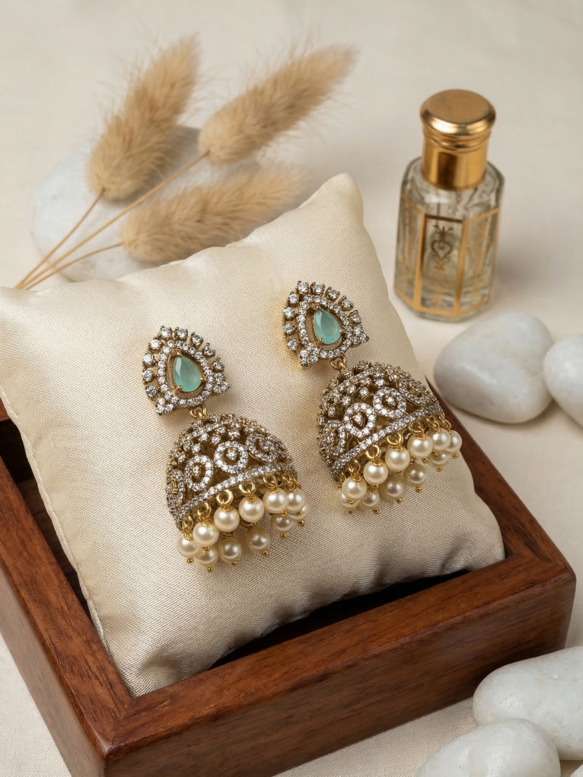 Emerald Teardrop Kundan Jhumka Earrings with Pearl Drops – Traditional Bridal Statement Jewellery