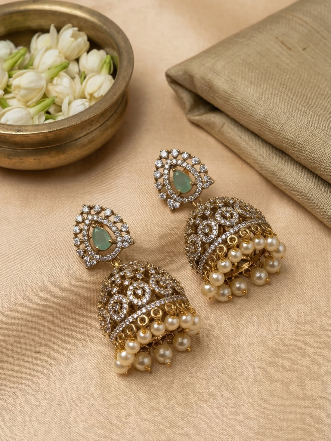 Emerald Teardrop Kundan Jhumka Earrings with Pearl Drops – Traditional Bridal Statement Jewellery