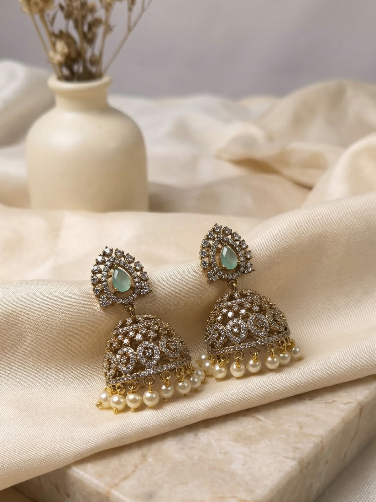 Emerald Teardrop Kundan Jhumka Earrings with Pearl Drops – Traditional Bridal Statement Jewellery