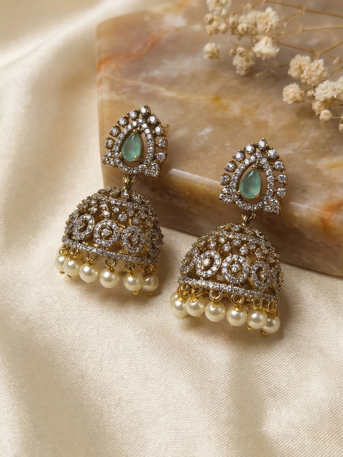 Emerald Teardrop Kundan Jhumka Earrings with Pearl Drops – Traditional Bridal Statement Jewellery