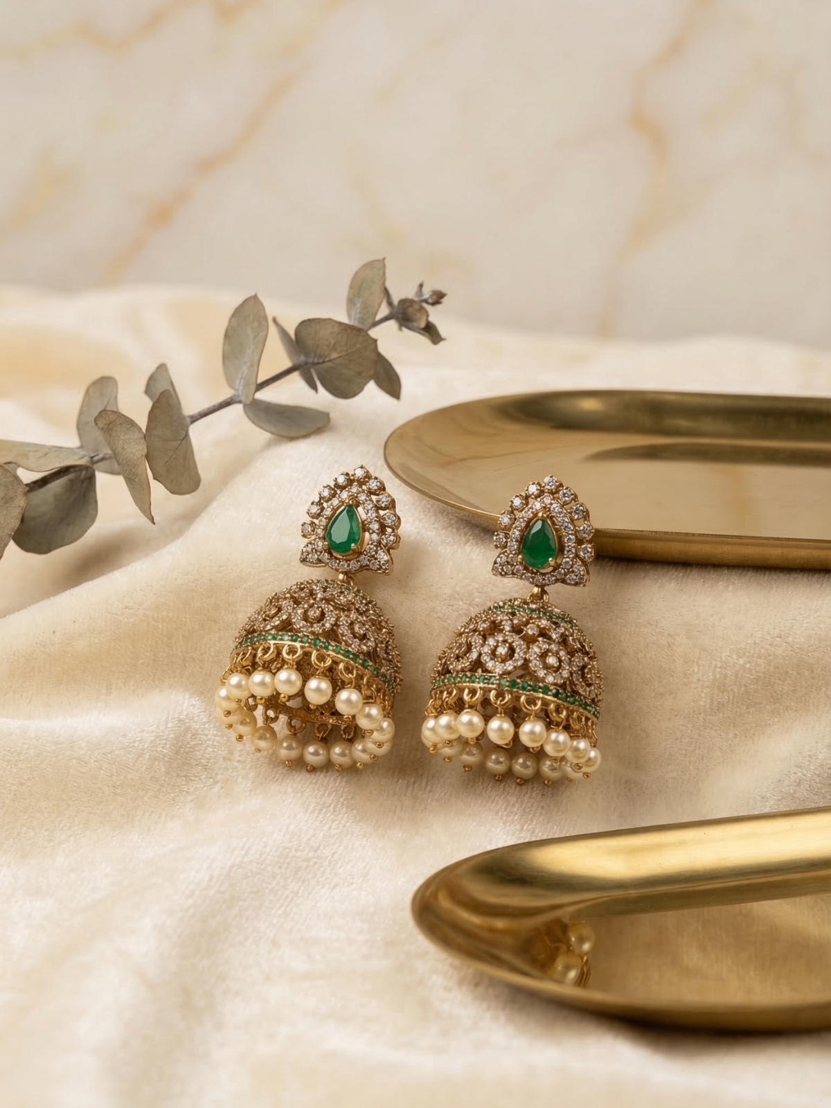 Green Kundan Jhumka Earrings with Pearl Drops – Antique Gold Bridal & Festive Jewellery