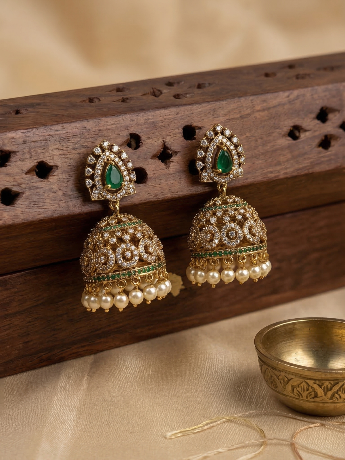Green Kundan Jhumka Earrings with Pearl Drops – Antique Gold Bridal & Festive Jewellery