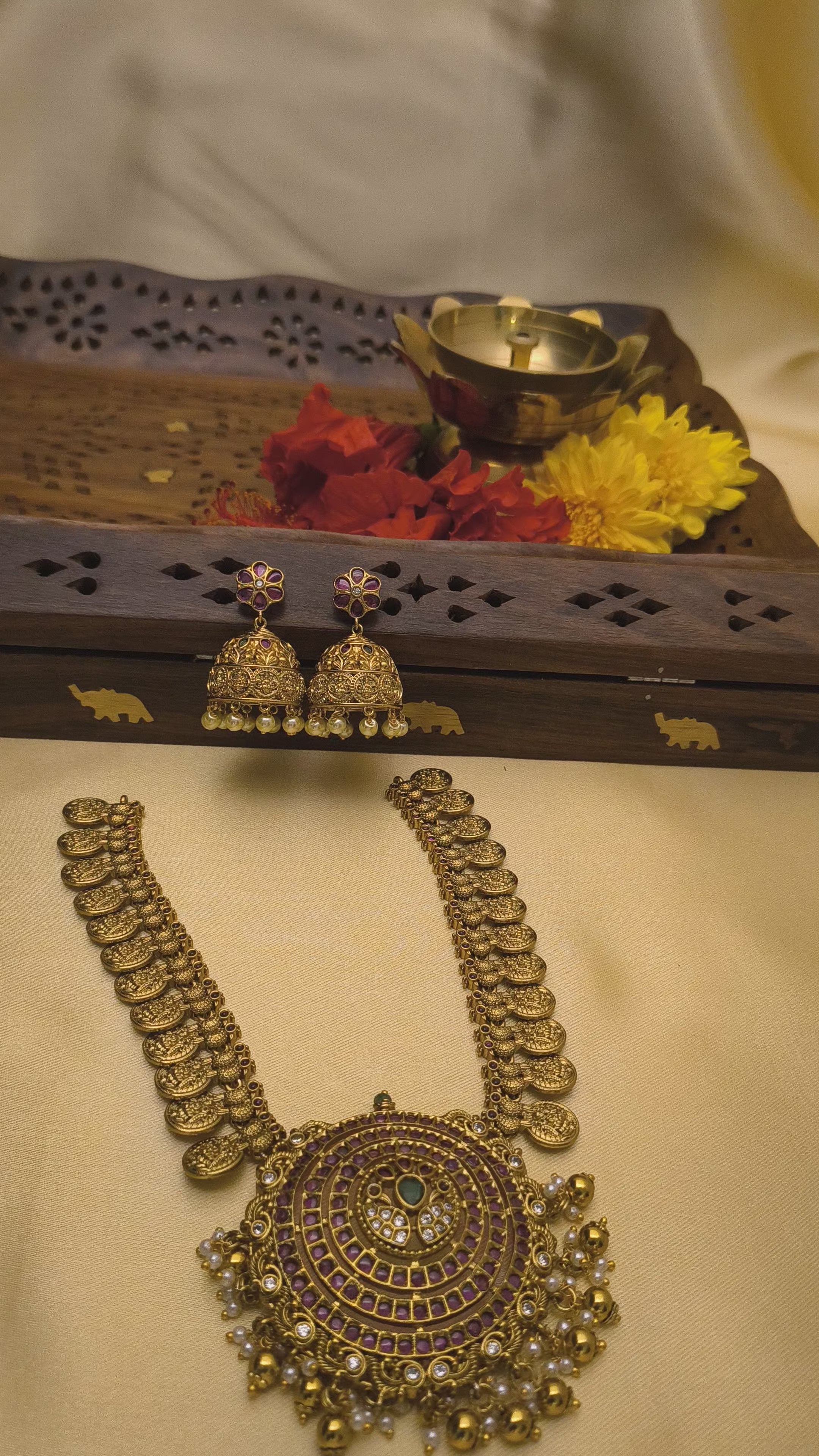 Kemp Stone Mahalakshmi Kasu Haram with Jhumkas