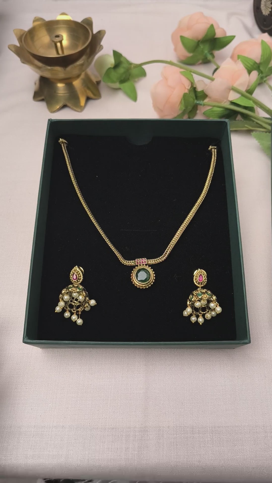 Emerald Green Stone Choker Set with Jhumka Earrings