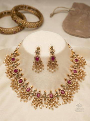 Sri Triratna Ruby Pearl Necklace Set with Earrings
